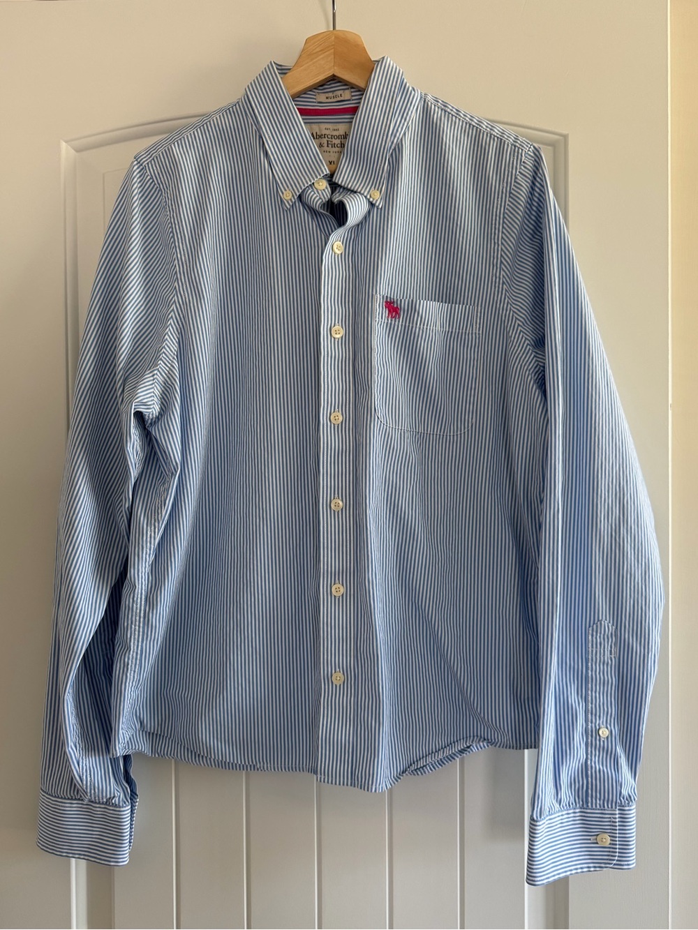 Vintage 2003 Abercrombie & Fitch Men's Light Blue Pinstripe Button-Down Shirt XL